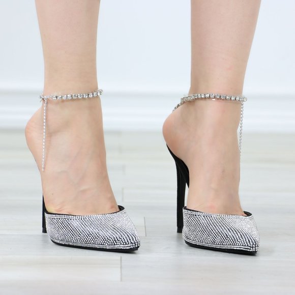 Black Pointed Toe Sparkly Rhinestone Ankle Strap High Heel Shoes Stiletto - Picture 5 of 13